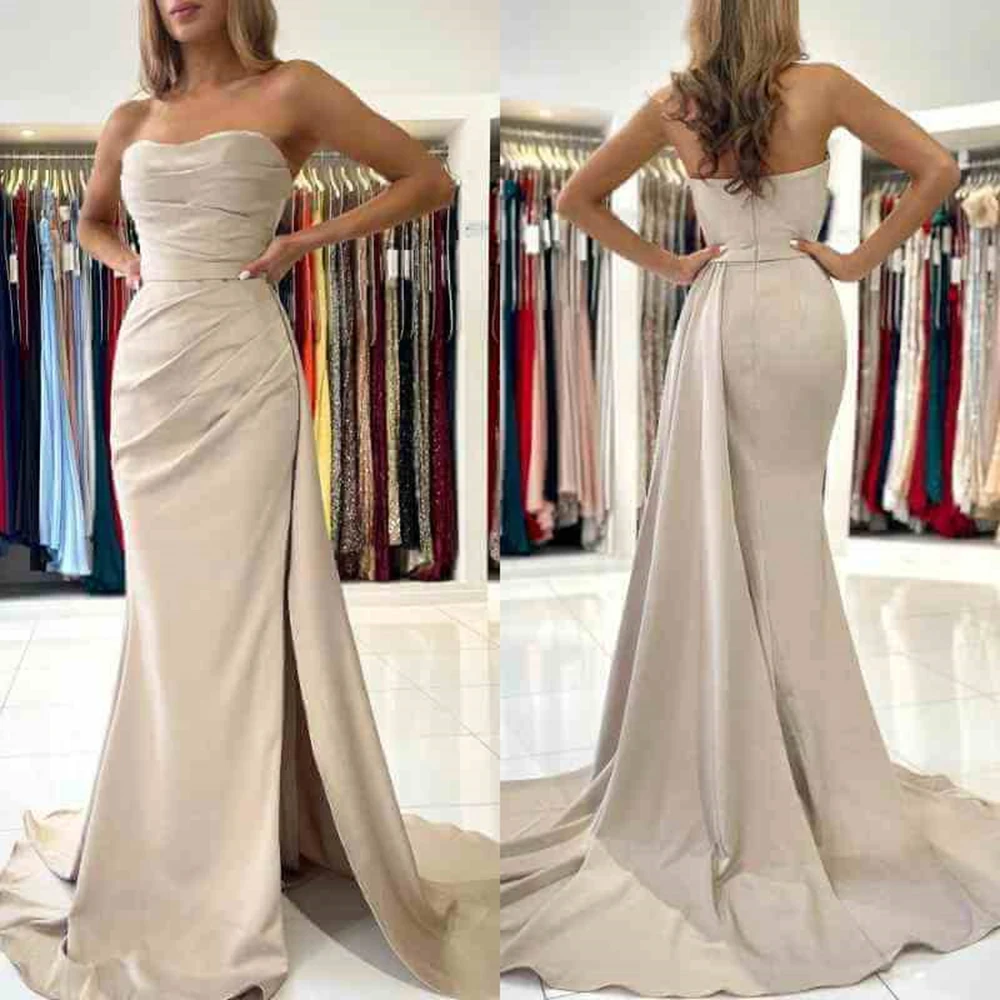 

Customized Jiayigong Fashion White Satin Party Gowns Strapless With Sequined Pleat A-line Watteau Train Floor Length Formal Even