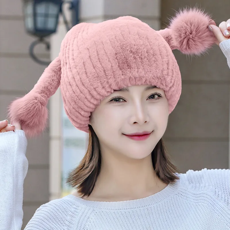 

Real Rex Rabbit Fur Hat Natural Fur Knitted Cap With Fox Fur Ball Winter Outdoor Skiing Cap Women Warm Hat Fashion Fluffy Hat