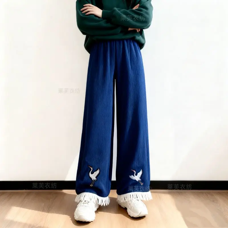 سراويل شتوية صينية جديدة، طراز وطني، فاخرة، سراويل واسعة الساق مطرزة بالزهور، ثنية للخريف والشتاء