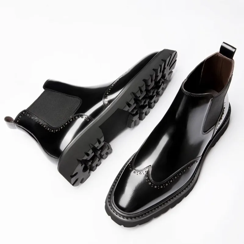 

British Style Men High Top Brogue Shoes Genuine Leather Slip-on Chelsea Boots Luxury Business Formal Ankle Boots