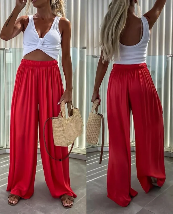

Ruffle elastic waist wide leg casual pants for summer 2025 new women's clothing