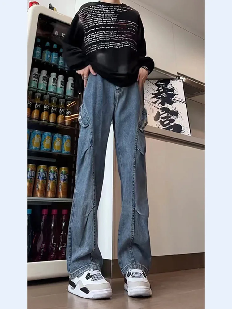 

American Workwear Style Men's Straight Leg Jeans Spring Autumn Patchwork Deconstruction High Street Vibe Micro Flared Jeans