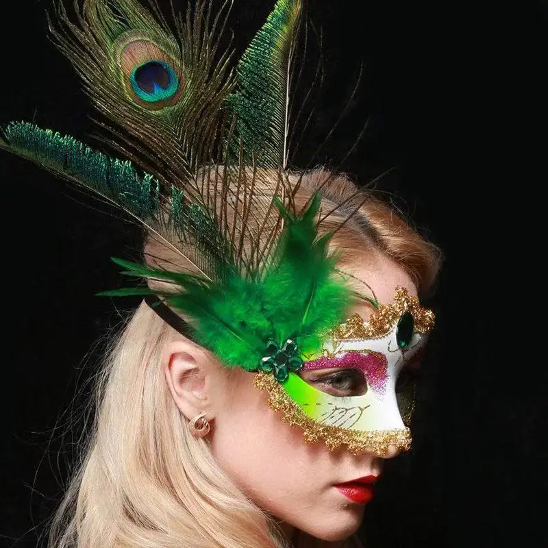 Máscara de mascote de penas de pavão para mulher retro carnaval traje festa meia máscara facial máscara de dança de halloween adereços de desempenho