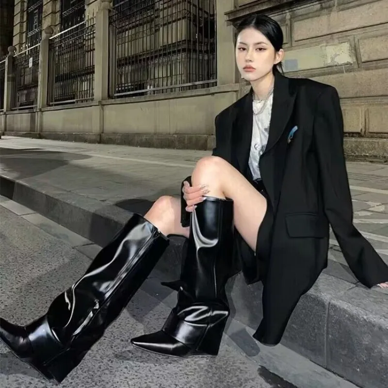 

New Women's Shoes Exquisite Square Head Tube Boots for Woman Fashion Model Knee High Boots Luxury Designer Shoes Botas Feminina