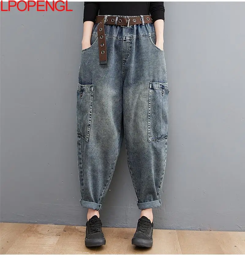 Calça jeans harém feminina, solta, casual, reta, elástica na cintura, streetwear, jeans de bolso grande, monocromática, moda outono