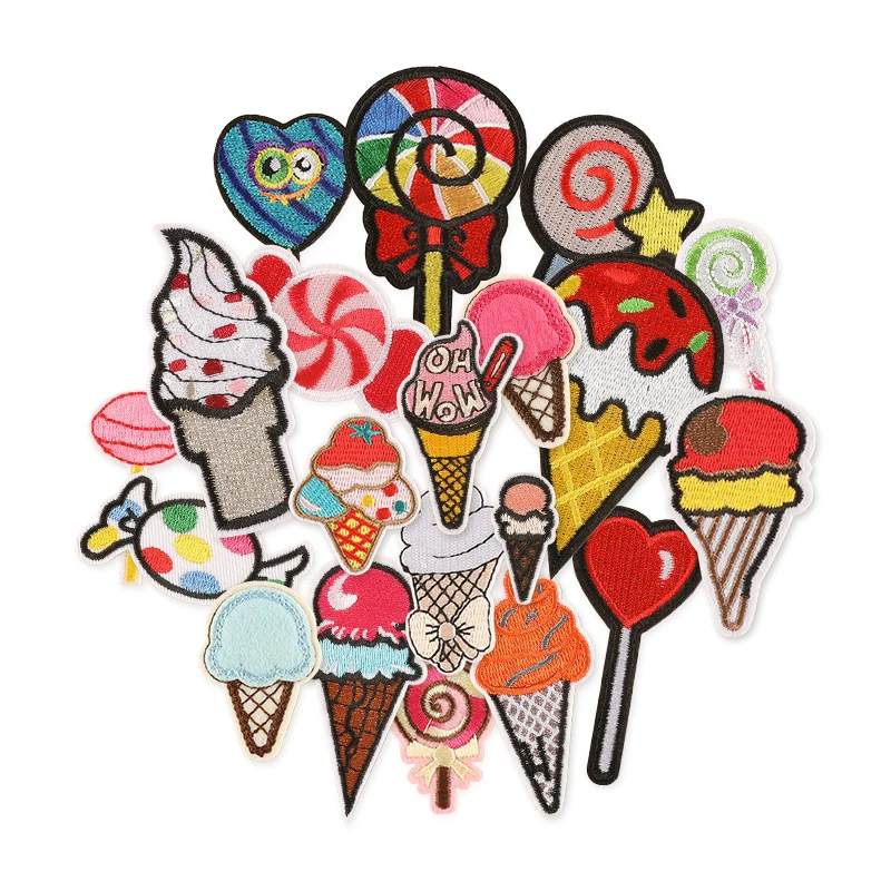 20 Stück Eiscreme, niedliche Aufnäher zum Aufbügeln für Kleidung, Kinder, bestickt, Lutscher, Jacke, Packung, viele DIY-Nähstoffe, thermoklebend – Detail 6