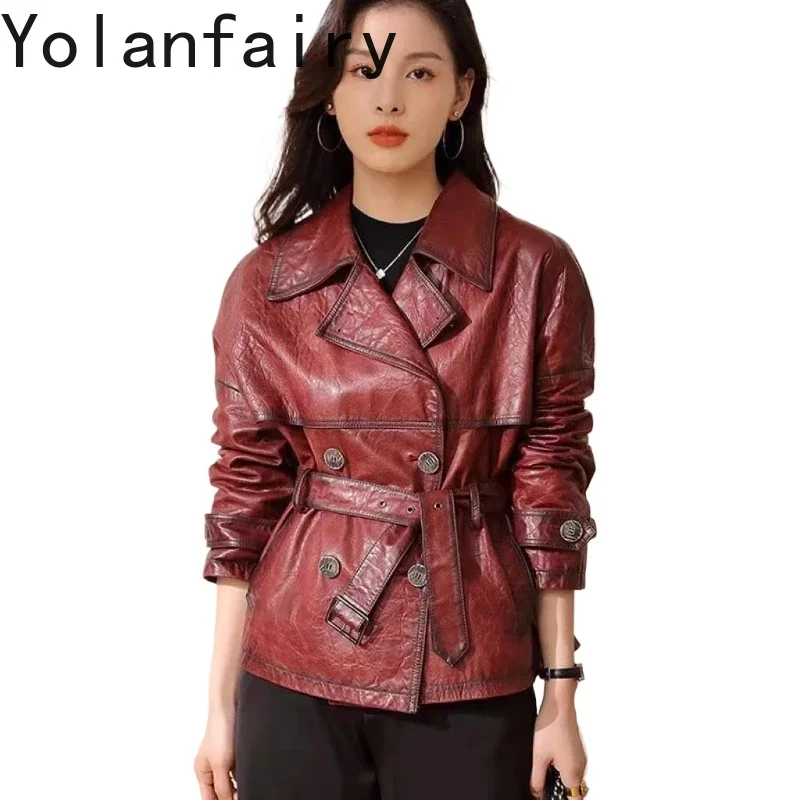 YOLANFAIRY Spring Genuine Leather Jacket Women's Sheepskin Coat Women Short Suit Collar Double Breasted Fashion Leather Clothing