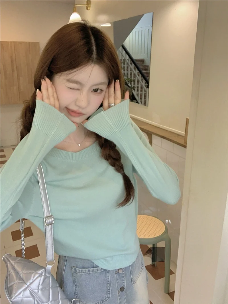 

Мягкий уютный корейский женский вязаный топ с длинным рукавом и круглым вырезом, облегающий базовый слой, шикарная внутренняя одежда для повседневного ношения