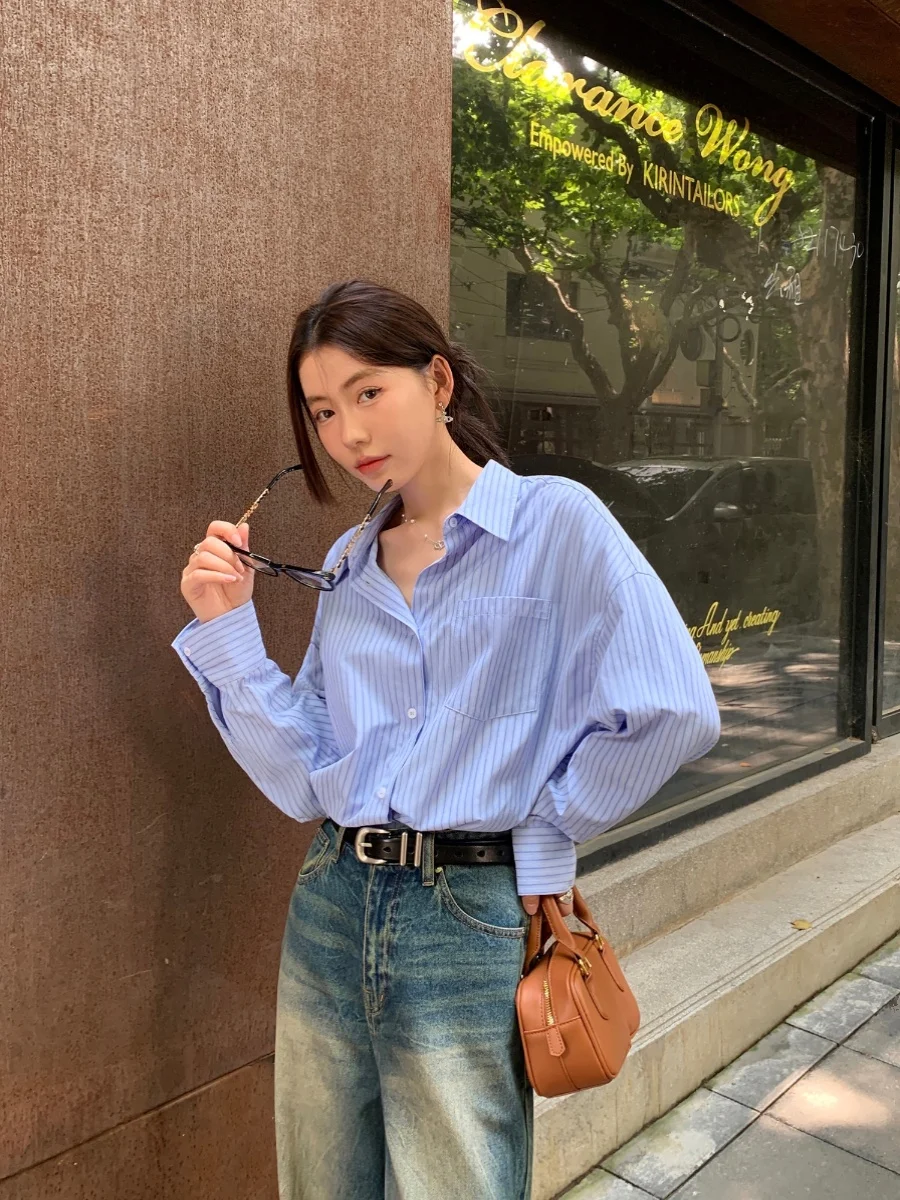 Blue Striped Casual Loose Long Sleeve Shirt Women's Spring Autumn Pusumede Lazy Style Warm Polyester Cotton Blend Shirt