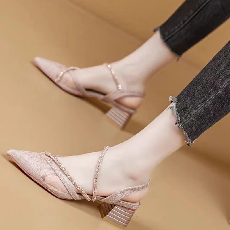 

French Style Rhinestone Mesh Pointed Toe Sandals for Women, Chunky Mid Heel Closed Toe Backless Versatile Office Roman Shoes