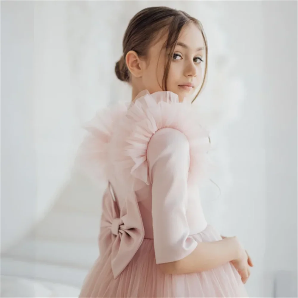 

Light Pink Flower Girl Dresses Tulle With Bow Half Sleeve For Wedding Birthday Party Banquet Princess Gowns