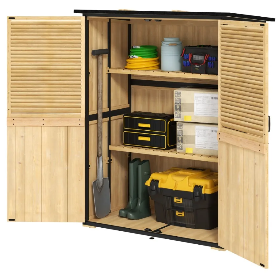 

Wood Storage Shed Outdoor Garden Shed with Asphalt Roof 2 Shelves Lockable Doors and Adjustable Feet Natural