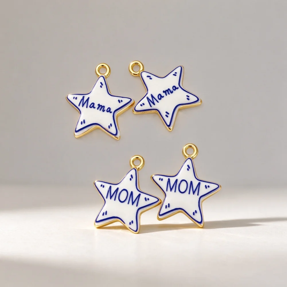 4Pcs Pendants Sparkling Brass Enamel Star White Base Blue Letter Pattern Charms Diy Jewelry Accessories Necklace Bracelet Making