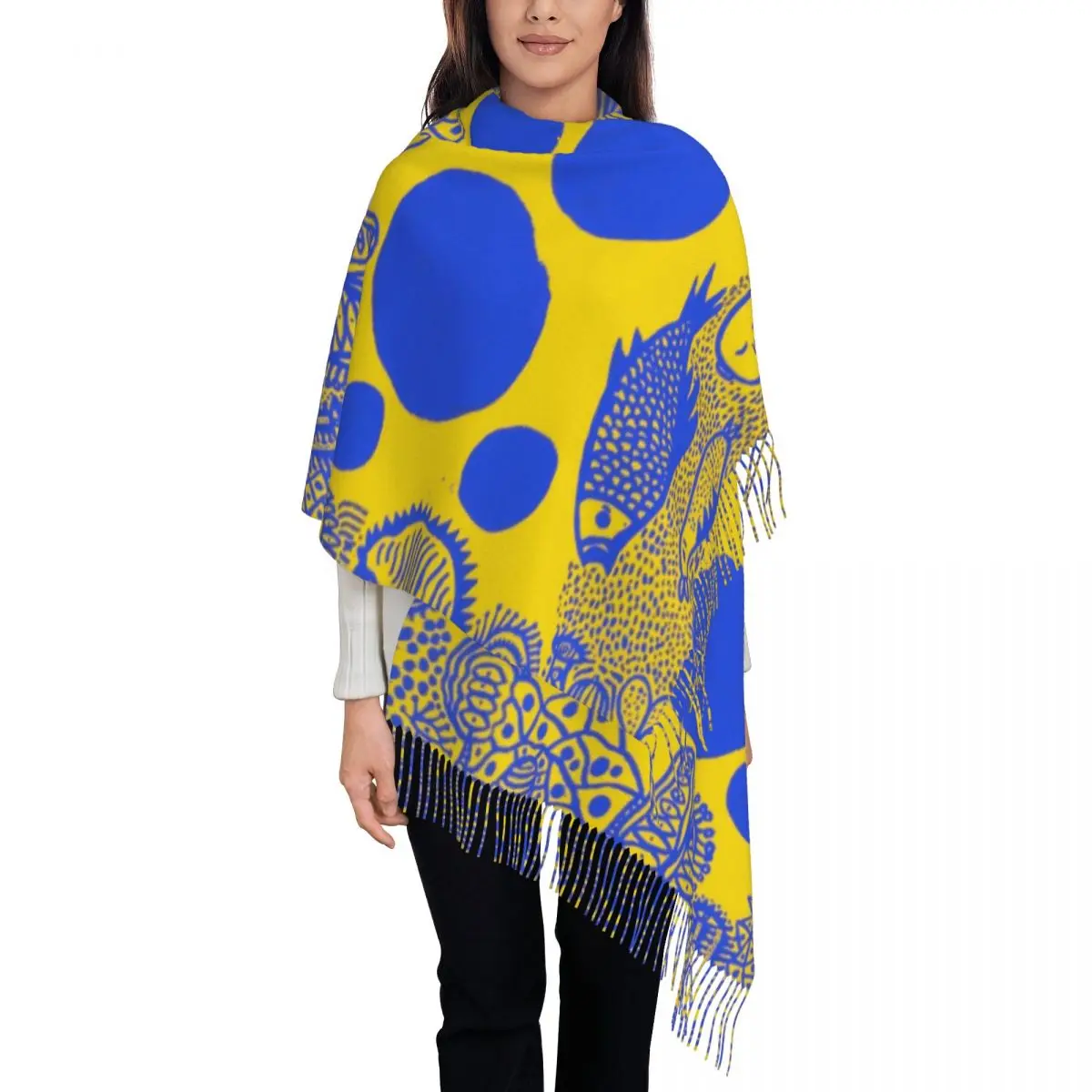 Women's Tassel Scarf Yayoi Kusama Blue Fish Single-sided Pattern Winter Fall Shawl Wrap Gifts Cashmere Scarf