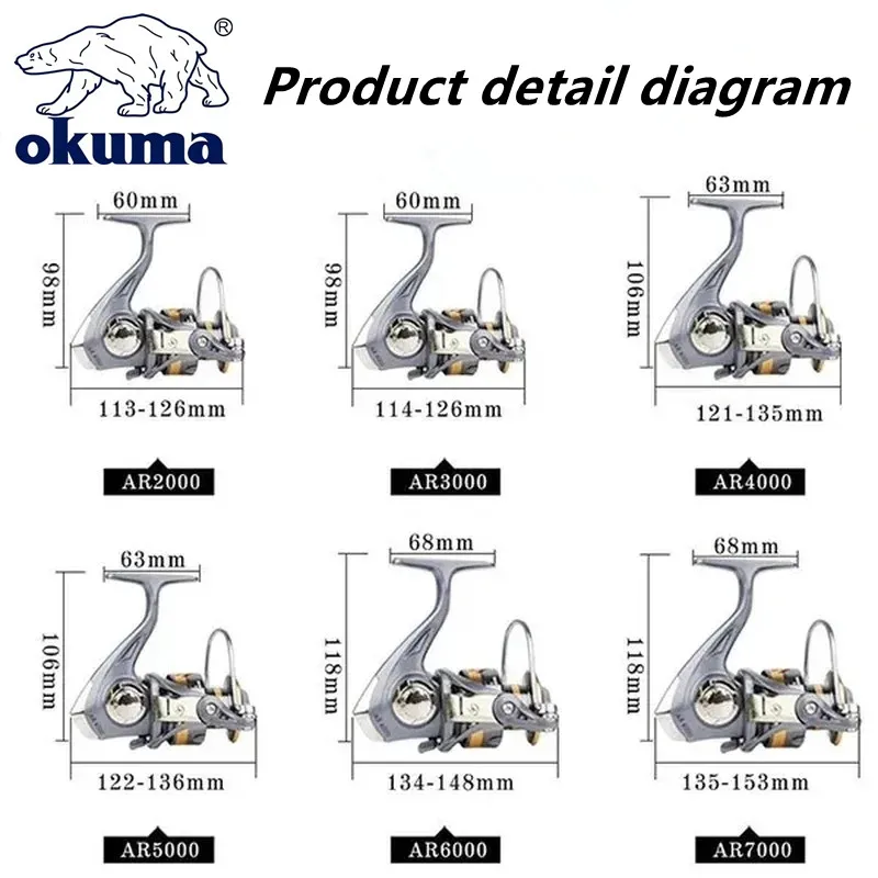 Newest OKUMA AR2000-7000 Fishing Reel Metal Ball Grip Spinning Reel 5.2:1 Metal Reel Cup 12KG Max Drag