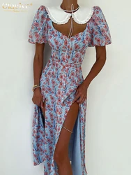 Clacive Summer Slim Print Midi Dress Lady Sexy Elegant Doll Collar Puff Sleeve Single Breasted Slit Party Dresses For Women 2023