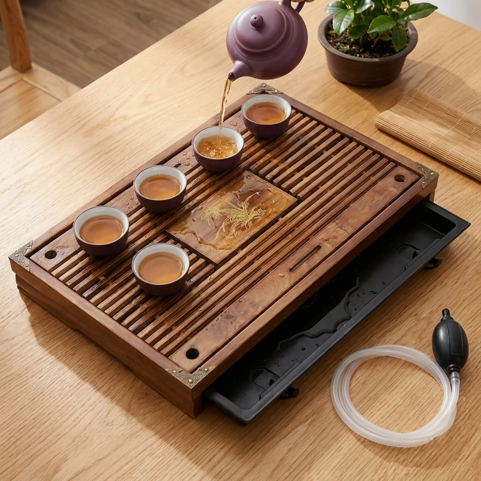 17 Zoll Holz-Teetablett Vintage Chinesisches Tee-Serviertablett Exquisites Kung-Fu-Teetablett mit Schublade und Abtropfbrett für das Büro