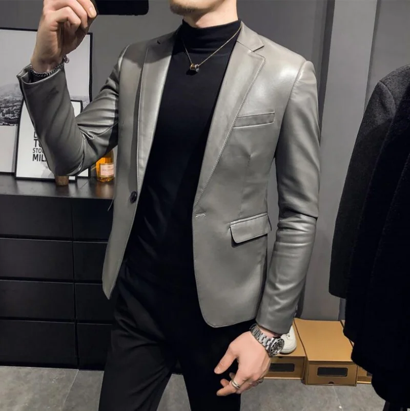 2024 Brand Clothing Fashion Men\'s High Quality Casual Leather Jacket Male Slim Fit Business Leather Suit Coats/Man Blazers 4XL