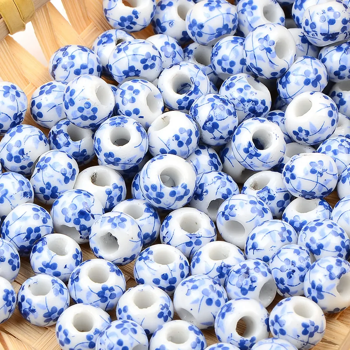 30pcs 0.8cm/1cm Blue Round Flower Patterns Ceramic Beads Chinese Style For Pendant Charm Bracelets Pottery and Porcelain Jewelry