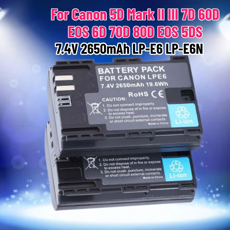 

Аккумулятор 7,4 В, 2650 мАч LP-E6 LP-E6N для камер Canon 5D Mark II III 7D 60D EOS 6D 70D 80D EOS 5DS R