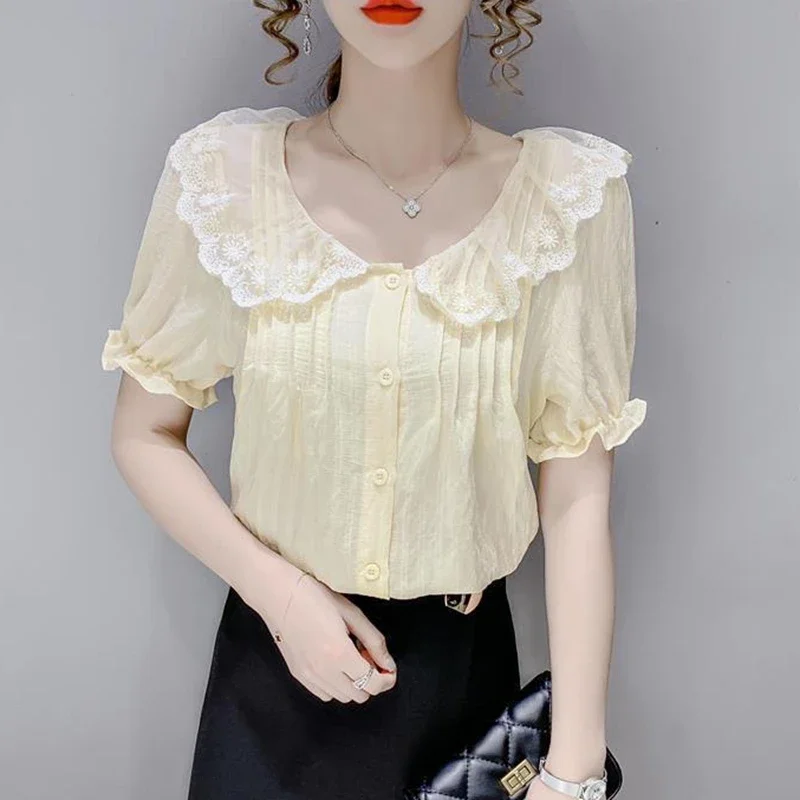 Blusa de retalhos de renda vintage feminina, tops de manga folhada, camisas brancas, moda coreana, roupas finas, meninas doces, rosa, verão, Y2K, 2024