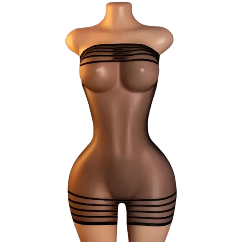 1 Piece: Sexy black sheer sleeveless striped mesh mini-dress/bodysuit with open-crotch design—perfect for rave parties.