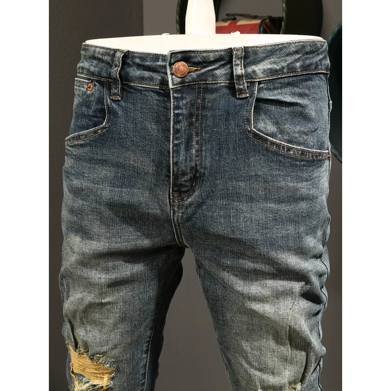 

Ностальгические мужские джинсы в стиле ретро, эластичные модные рваные нашивки, облегающие модные брендовые длинные брюки с небольшой ногой