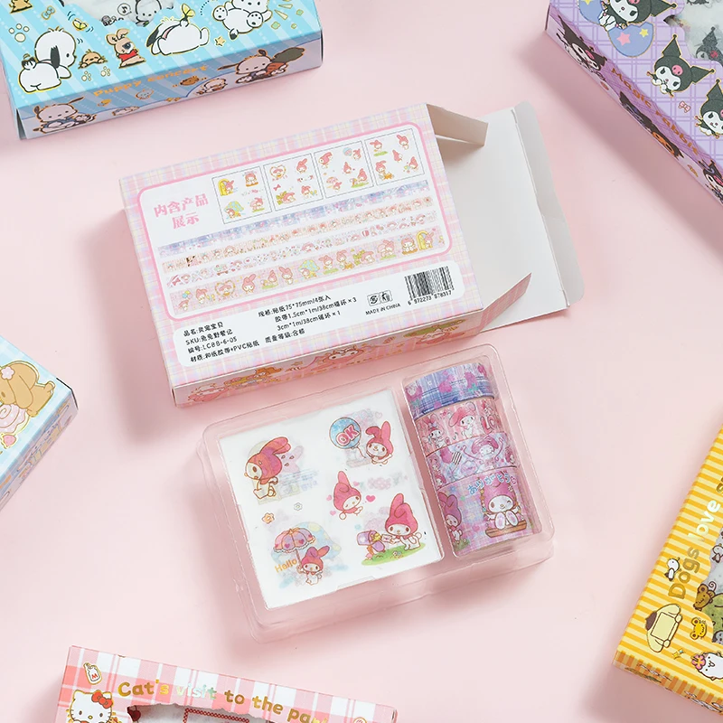 Sanrio Sticker Roll Gift Box Cute Hello Kitty Cinnamoroll Kuromi My Melody Pompompurin Hand Acount Tape Stickers Decal Kids Toys