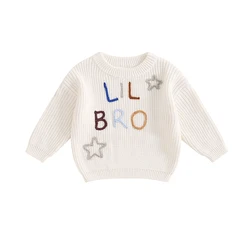 Little Kid Infant Baby Boys Sweater Letter LIL BIG Bro Star Embroidery Long Sleeve Knitwear Round Neck Loose Fit Pullover