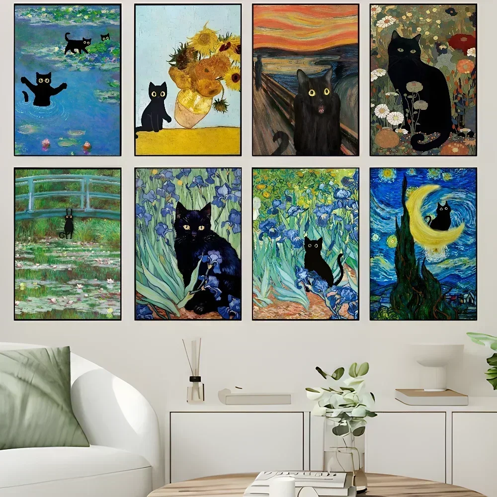 Funny Art Matisse Monet Black Cat Good Quality Prints and Posters Waterproof Paper Sticker Coffee House Bar Posters Wall Sticker