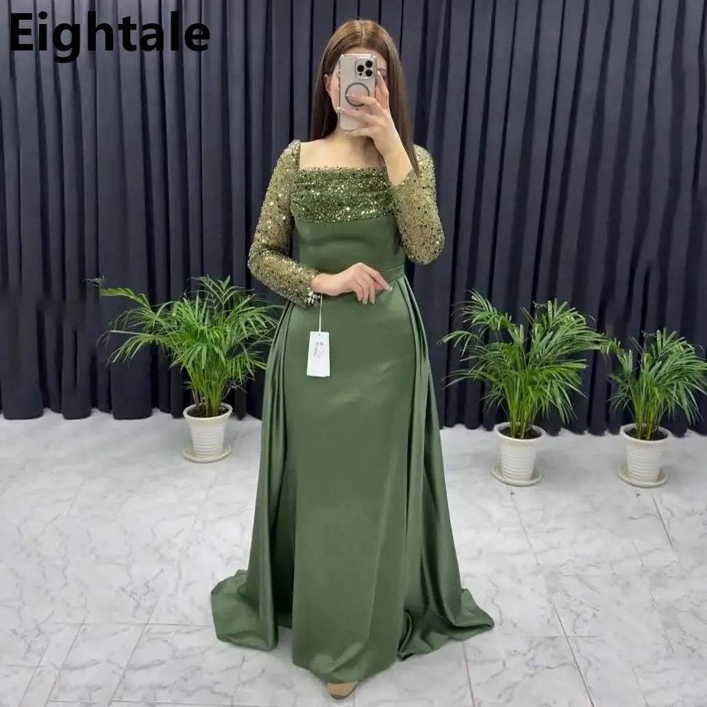 

Army Green Long Sleeve Sequin Evening Dress For Wedding Party Off Shoulder Mermaid Formal Prom Dress Dubai Party Gown Customized