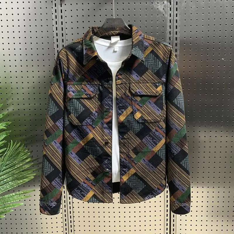 

Men's Autumn Denim Jacket Casual Cotton Check Print Windproof Hoodless Square Lapel Vintage Outdoor Fastening Stylish Cheap