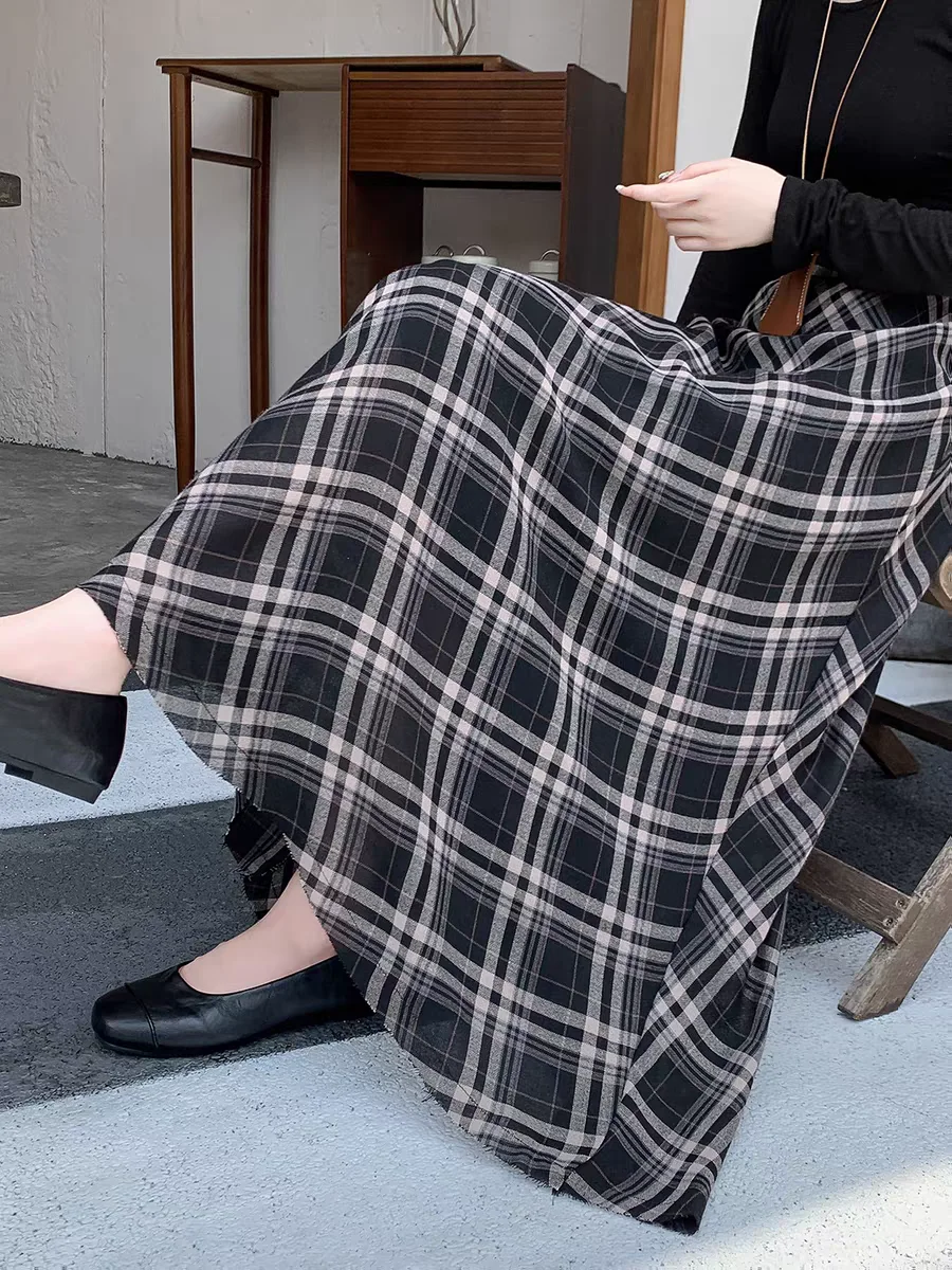 2025 New Tartan Skirt: Frayed Hem A-Line Midaxi Drapey & Slimming Casual Fall Skirt for Women