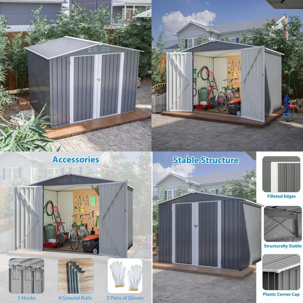Outdoor Storage Shed 6x8 Feet - Metal Garden Shed with Frame Floor, Lockable Hinged Doors, Waterproof Storage