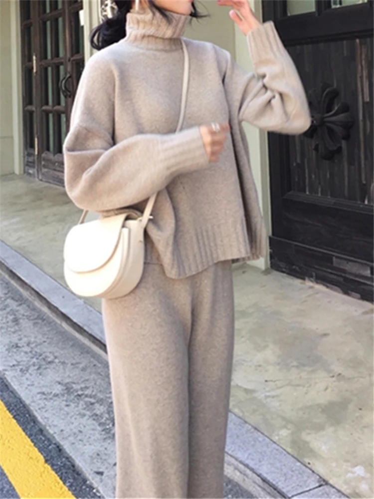 REALEFT Autumn Winter 2 Pieces Women Sets Knitted Tracksuit Turtleneck Sweater+Casual Haren Pants Pullover Female Suits 2024 New