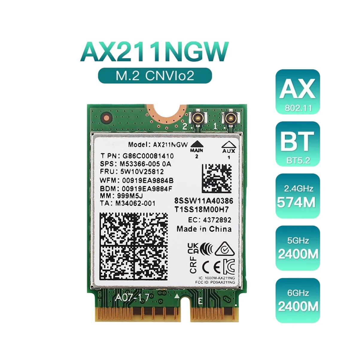 AX211NGW WiFi 6E M.2 Key E CNVio2 Dual Band 2.4Ghz/5Ghz Wireless Network Card 802.11Ac Bluetooth 5.2 Adapter