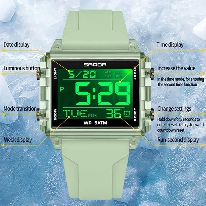 산다 브랜드 새 남녀 전자시계 패션 사각 다이얼 카운트다운 타이머 방수 시계 LED 야광 디지털 스포츠 시계
