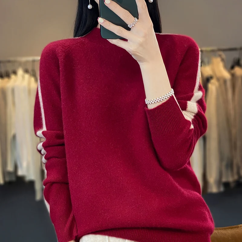 

Autumn And Winter New Woolen Sweater Women's Half High Neck Long Sleeve Pullover Colored 100% Pure Wool Loose Style Knitted Top