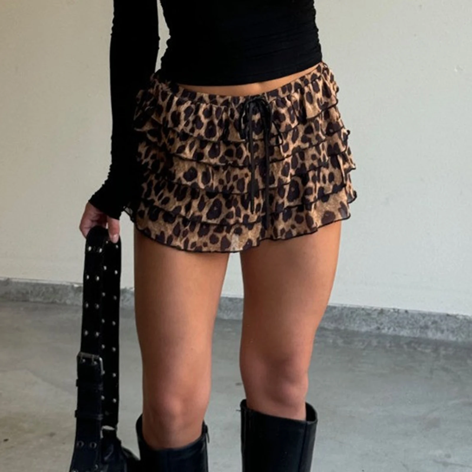 Women Summer Mini Skirt Casual Leopard Print Layered Ruffles A-Line Skirt for Beach Vacation Club Streetwear