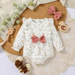 2024 Baby Girls Long Sleeve Autumn Floral Casual Cute Jumpsuit With Bow For Newborn-18M Clothing Daily Wear +Headband