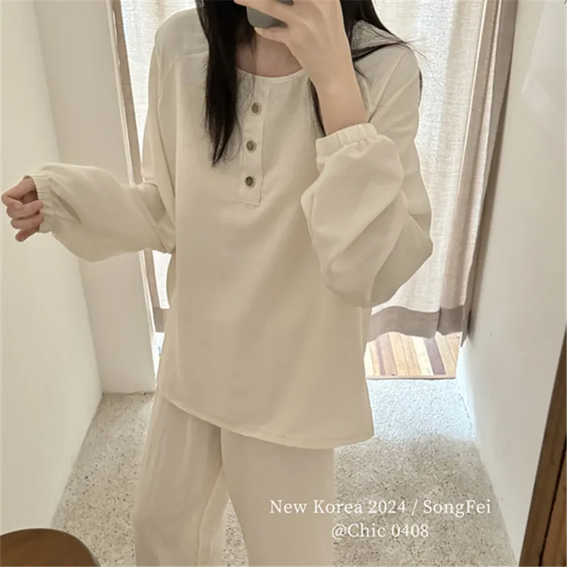 

Spring and Summer New Suit Thin Long Loungewear Women's Long-sleeved Trousers Round Neck Pullover Pajamas
