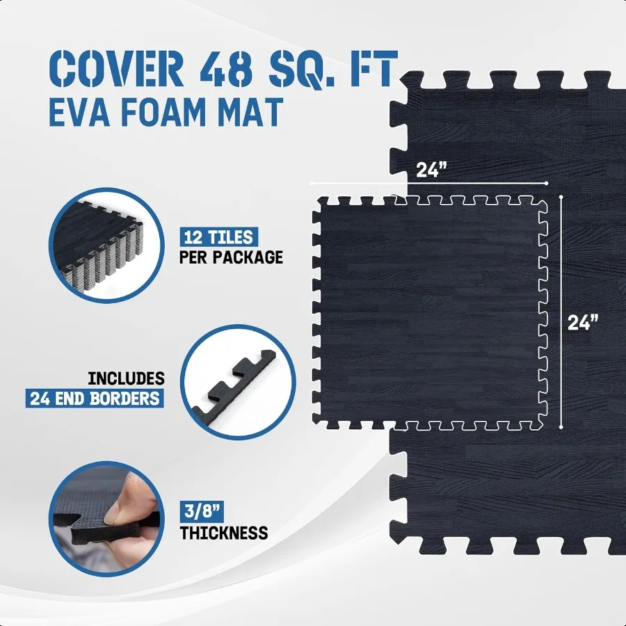 48SQ.FT Wood Grain Puzzle Exercise Mat Protective Flooring EVA Interlocking Foam Floor Tiles with Border for Home
