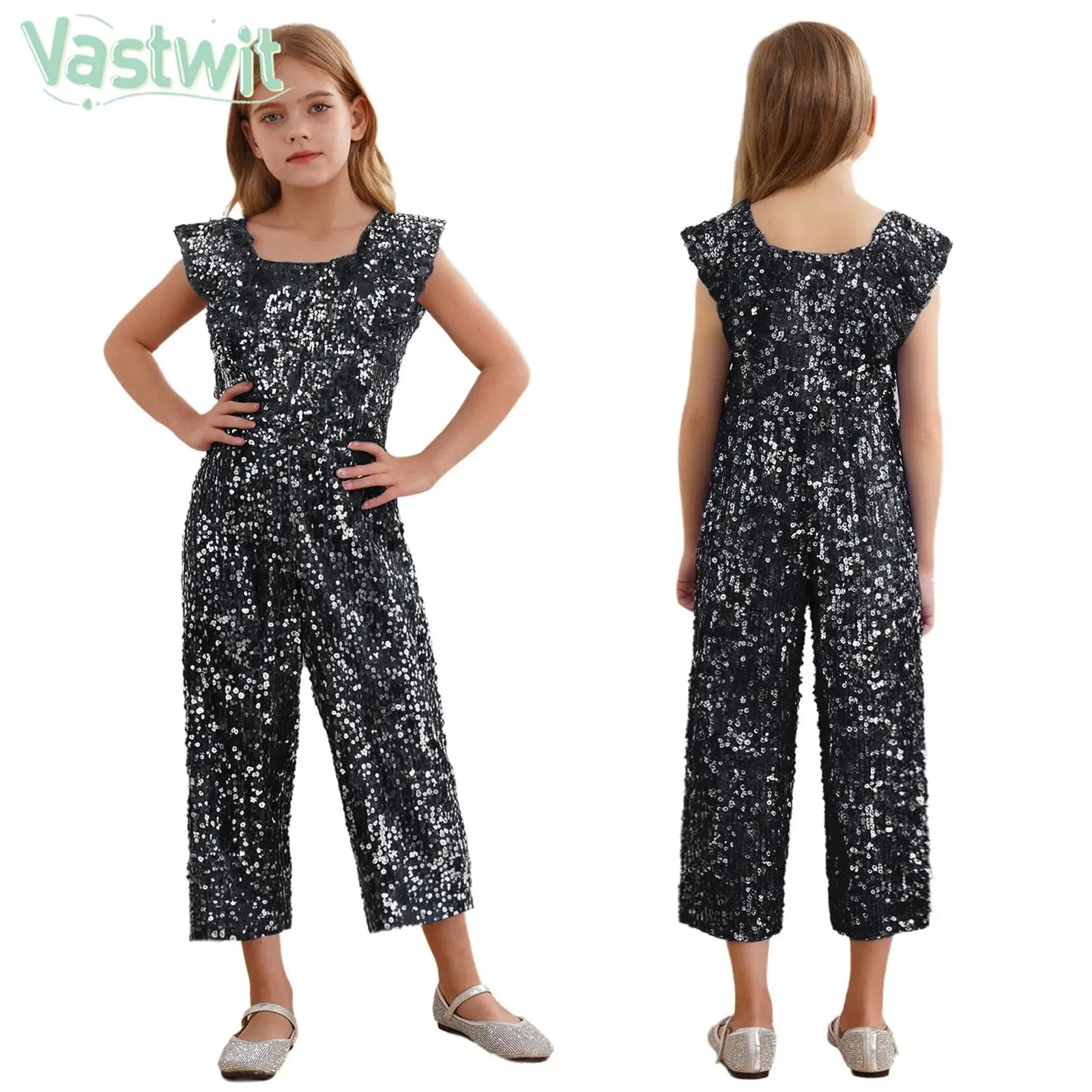 

Kids Girls Sleeveless Shiny Sequin Party Jumpsuit Birthday Wedding Evening Banquet Pageant Prom Dancing Performance Bodysuit