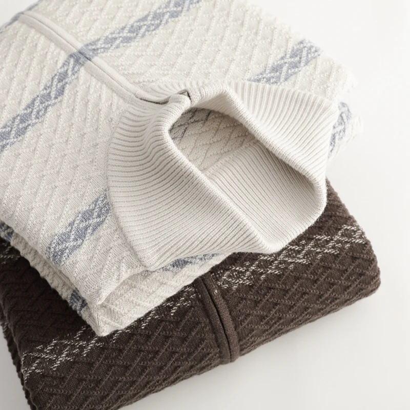 

Полосатый вязаный кардиган, мужской 100% шерсть, повседневный модный свитер с полувысоким воротником, осень-зима, минималистичный универсальный трикотаж