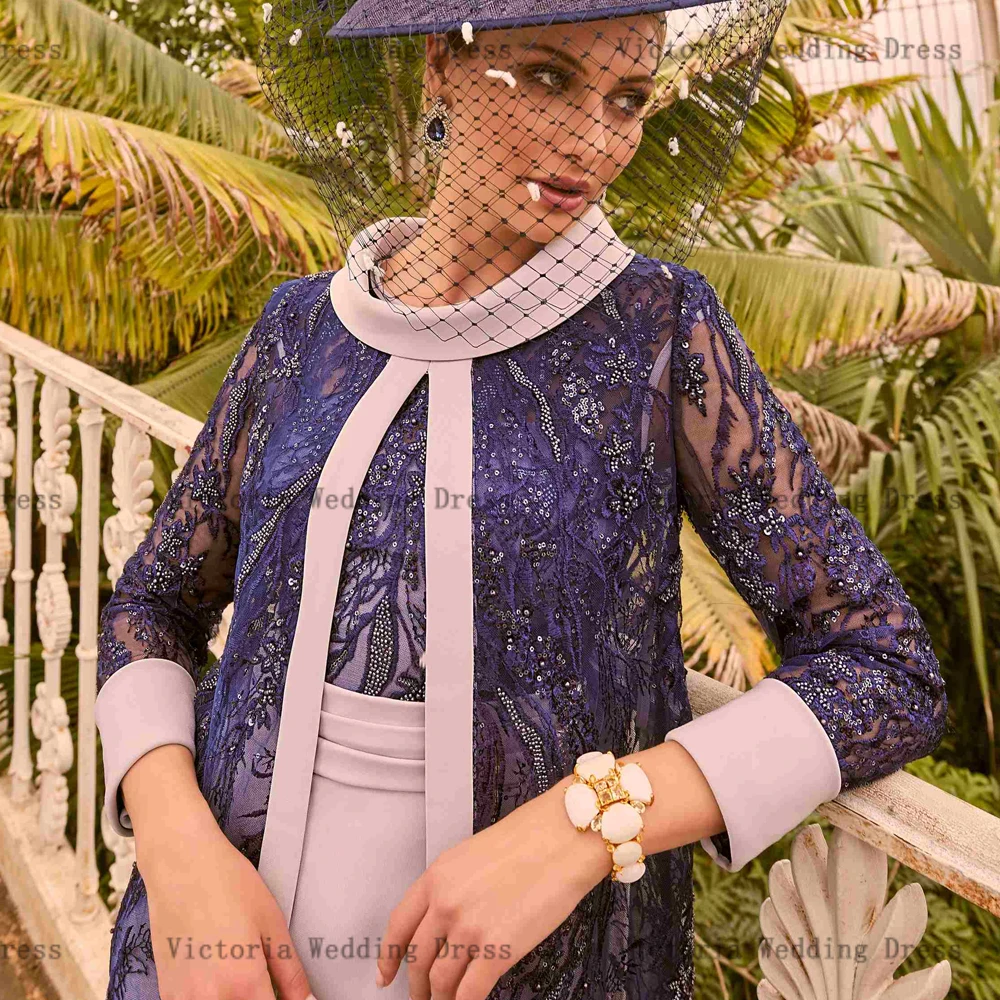 Exquisitos vestidos de encaje para madre de la novia, vestidos de fiesta de boda de manga larga con cuello redondo, apliques hasta la rodilla, 2 piezas