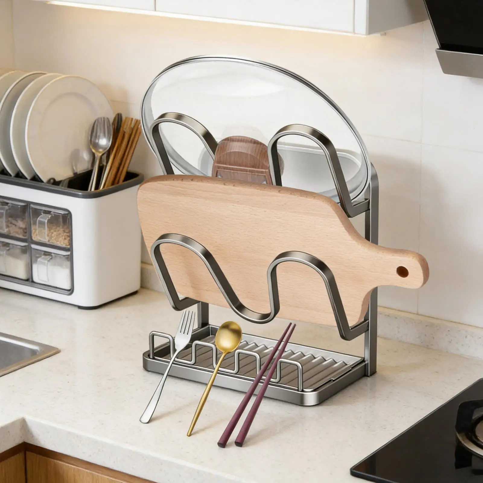 

Pan Lid Organizer Space Saving Non-Slip Kitchen Storage Kitchen Organizer Pot Cover Holder Rack For Spoon Fork Spatula Soup