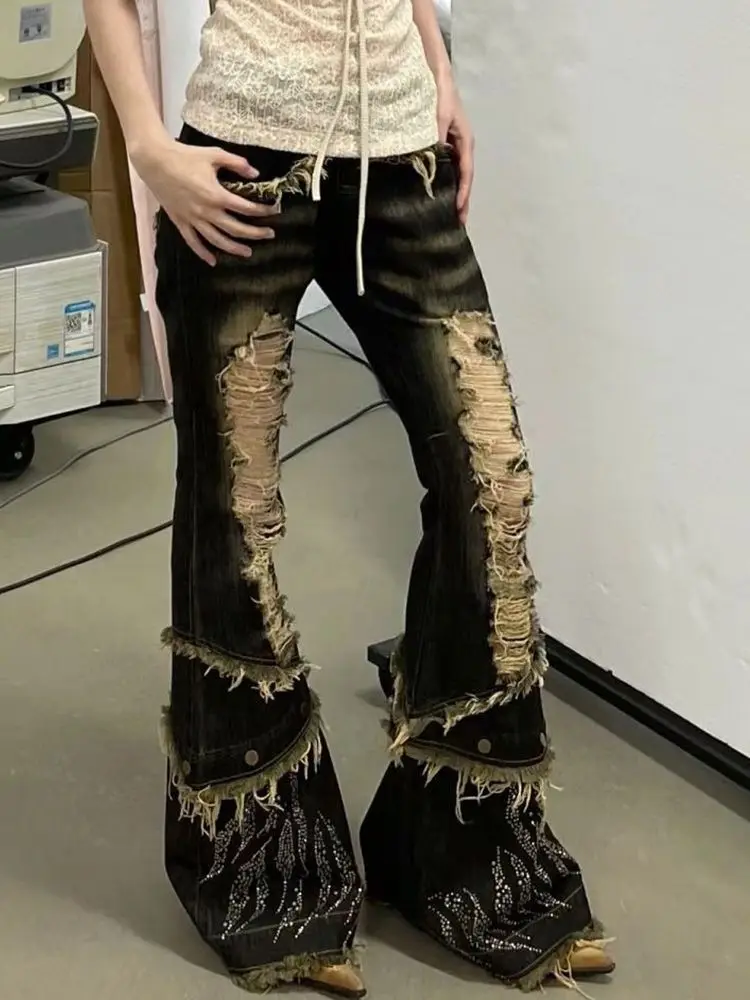 Jean évasé en détresse Y2k, Style japonais des années 2000, noir, Vintage, Punk, taille haute, pantalon en Denim, esthétique Grunge