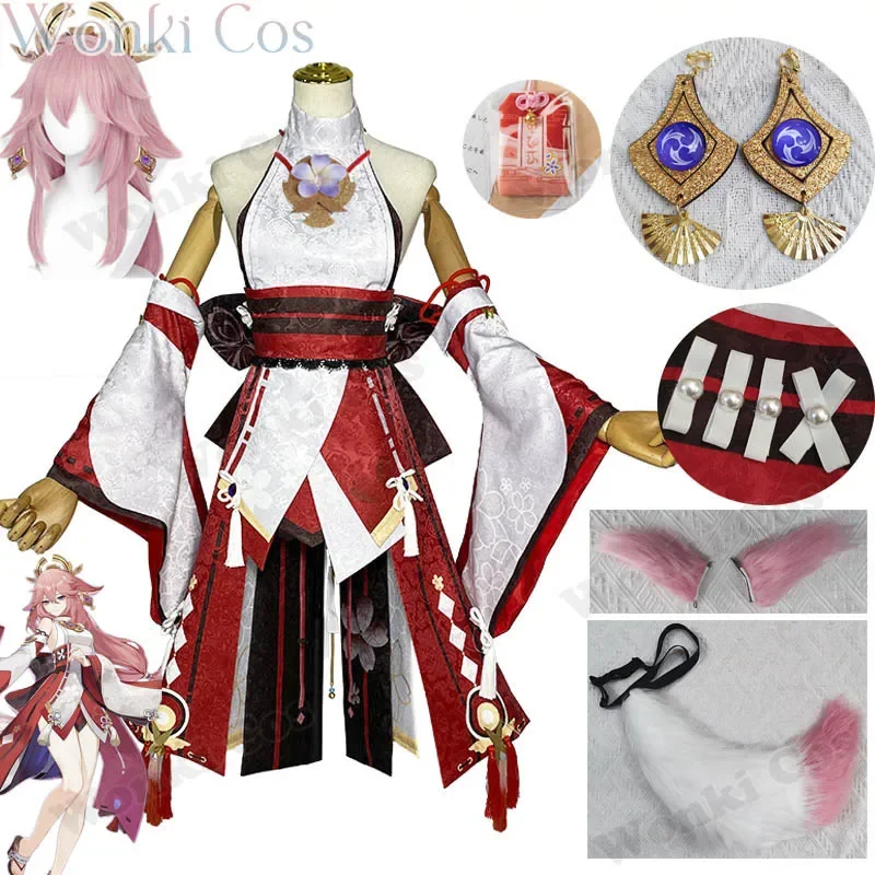 Genshin Impact Cosplay Yae Miko Guuji Yae Cosplay Costume with Headwear Full Set Cosplay Wig Halloween Party Costumes