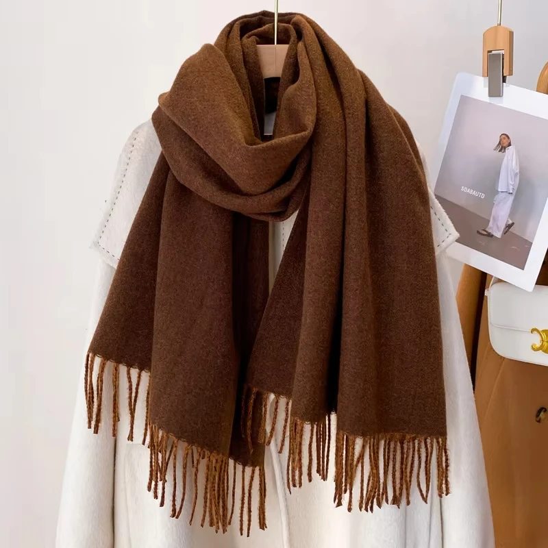

Однотонный шарф из 100% шерсти, женские зимние теплые шарфы, мягкая толстая шаль большого размера, коричневый кашемировый шейный платок из пашмины, Рождественский подарок
