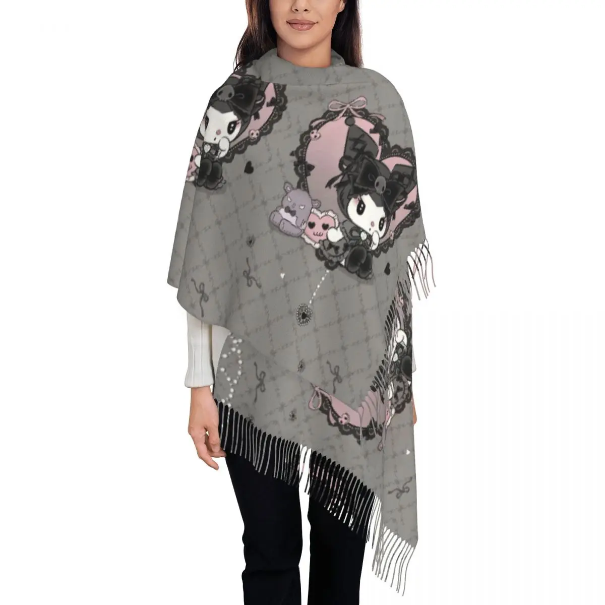 Custom Lady Long Cartoon Kuromi Scarves Women Winter Soft Warm Tassel Shawl Wraps Anime Scarf